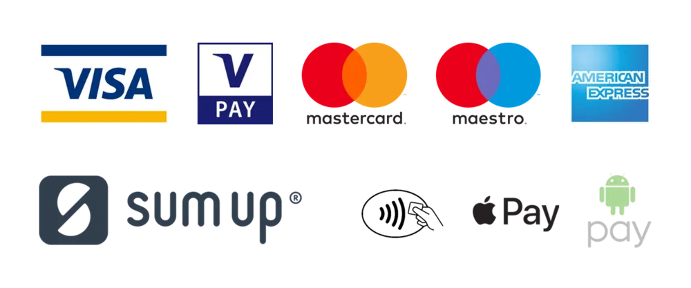 Moyens de paiement acceptés : Visa, V Pay, Mastercard, Maestro, American Express, SumUp, sans contact, Apple Pay, Android Pay